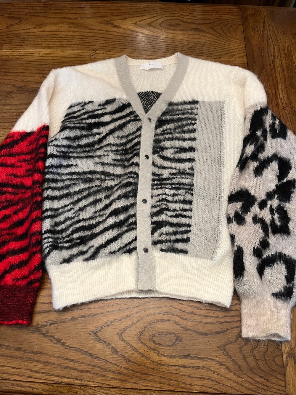 Toga Pulla Colorblocked Animal Jacquard Cardigan,‎ size 38 (medium)